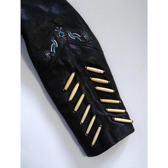 A. M. Bernardo Women's Black Leather Beaded Fringe Hippie Motorcycle Jacket XS - Picture 6 of 9